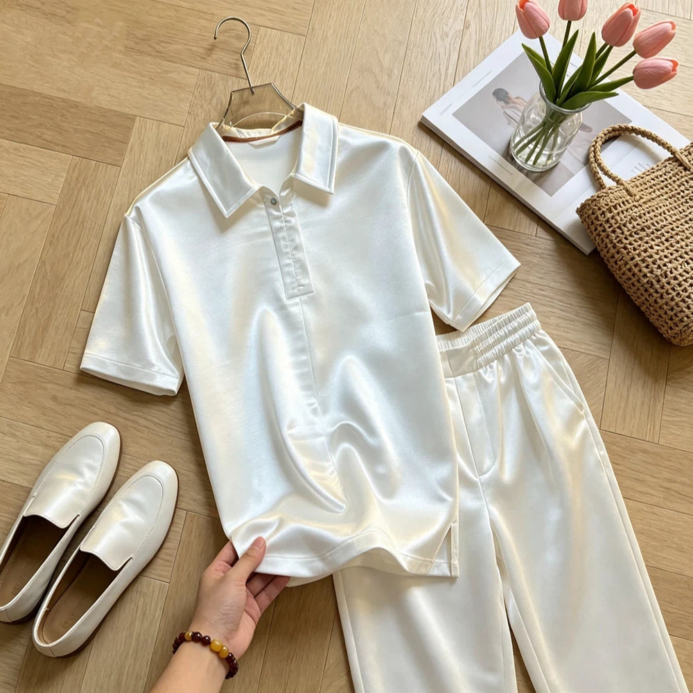 Satin-Texture Short Sleeve Polo Casual Set