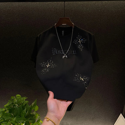 Gothic Letter Cross Rhinestone Embroidered T-Shirt