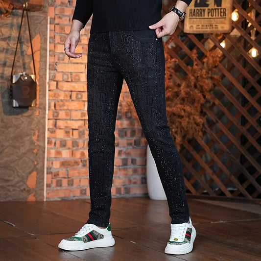 Rhinestone Pattern Slim Denim Pants