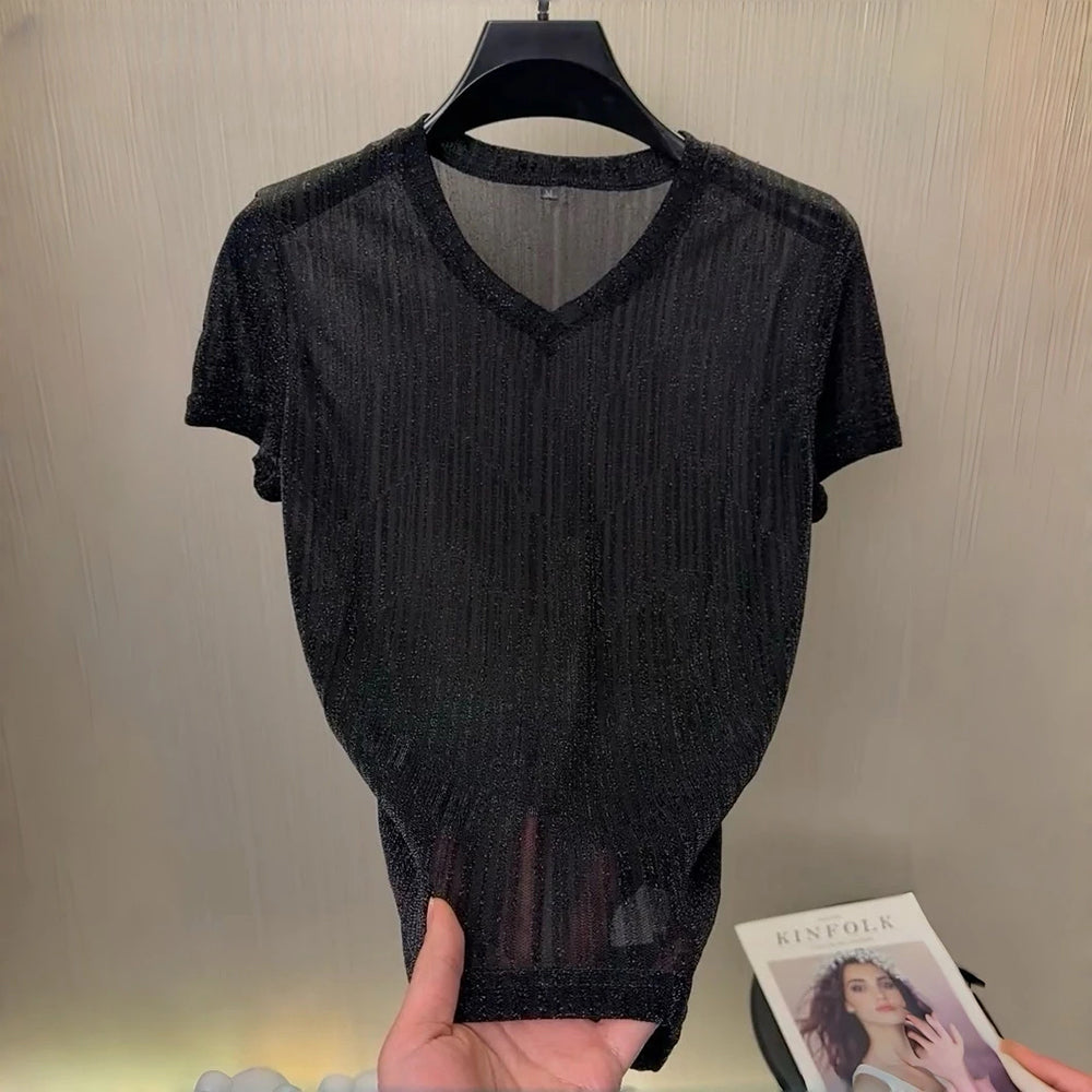 V-neck stretch semi-transparent shimmering T-shirt