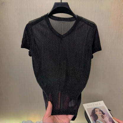 V-neck stretch semi-transparent shimmering T-shirt