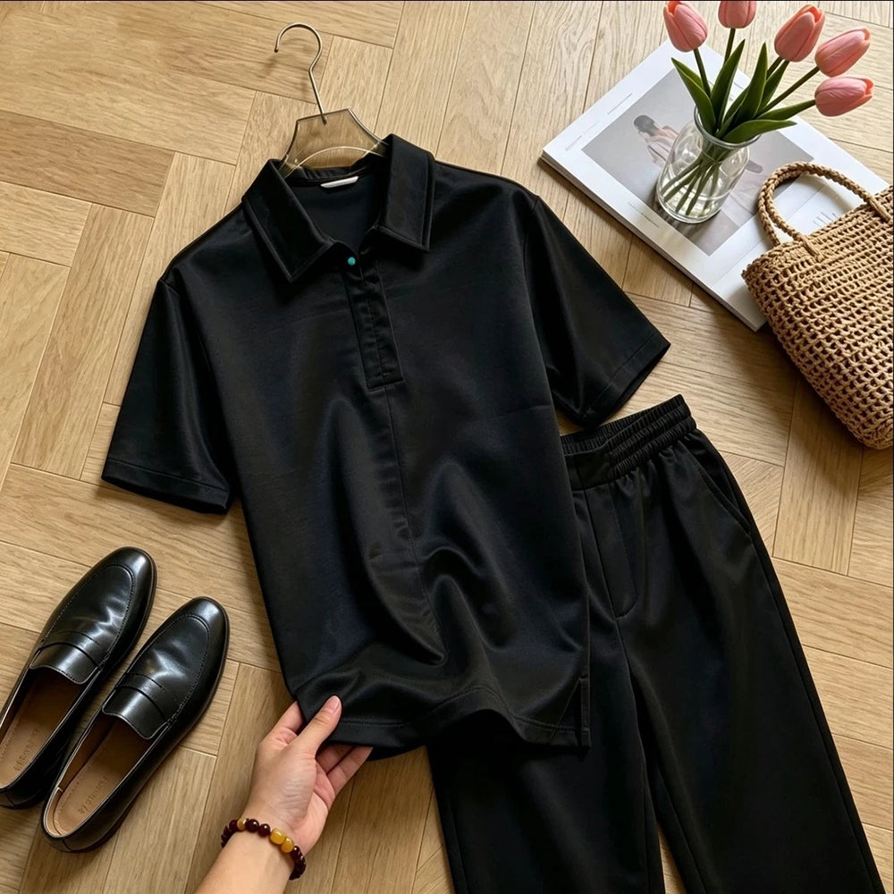 Satin-Texture Short Sleeve Polo Casual Set