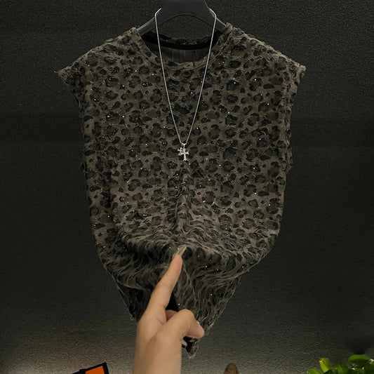 Vintage Texture Rhinestone Raw Edge Tank Top & Shorts Set