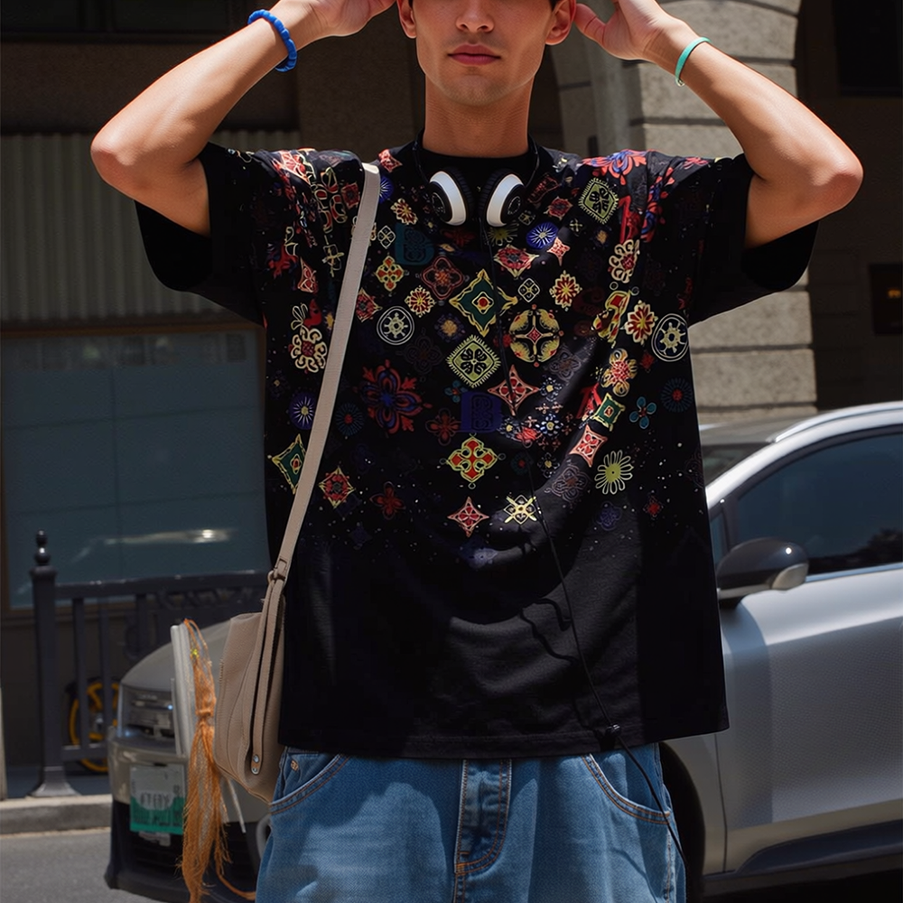 National Geometric Full Print Loose Crew Neck T-Shirt
