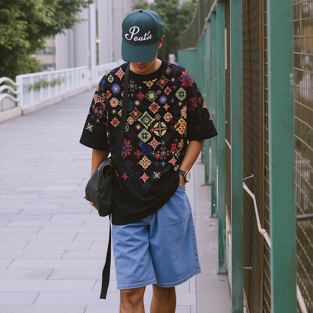 National Geometric Full Print Loose Crew Neck T-Shirt
