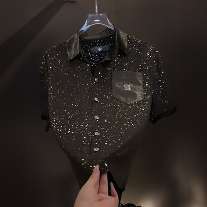 Starlight Rhinestone Embroidered Pocket Short Sleeve Shirt