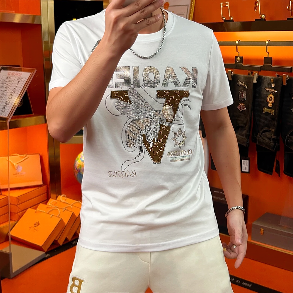 Bee & Letter Rhinestone Luxury Short Sleeve T-Shirt