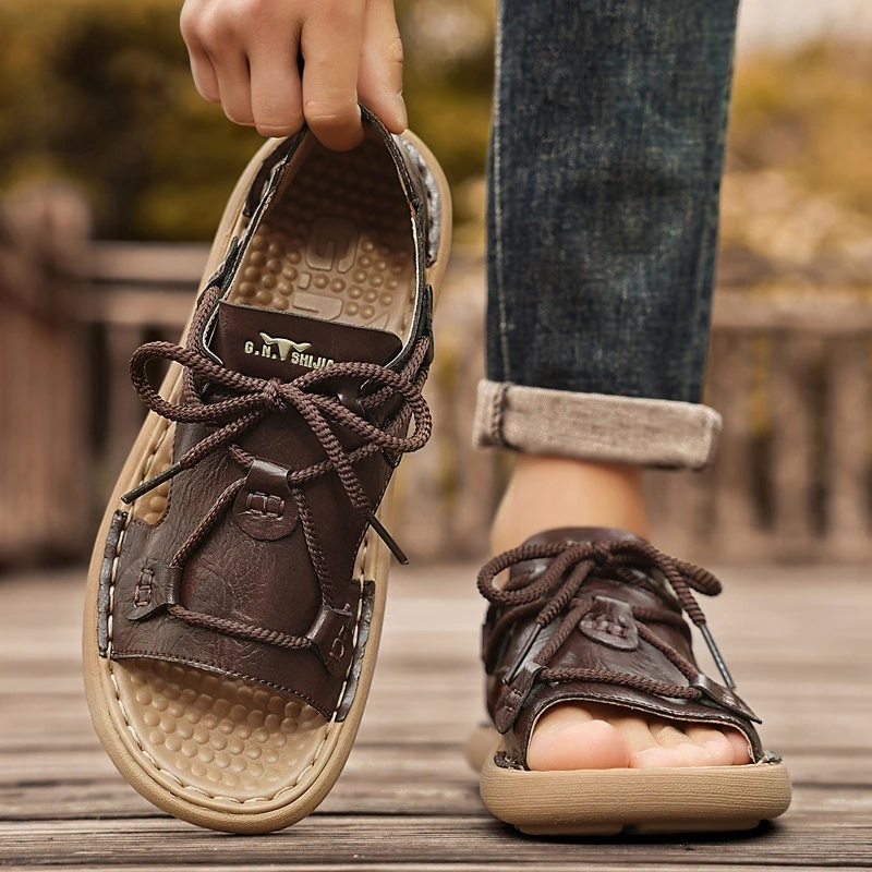 Lace-Up Soft-Sole Vintage Leather Sandals