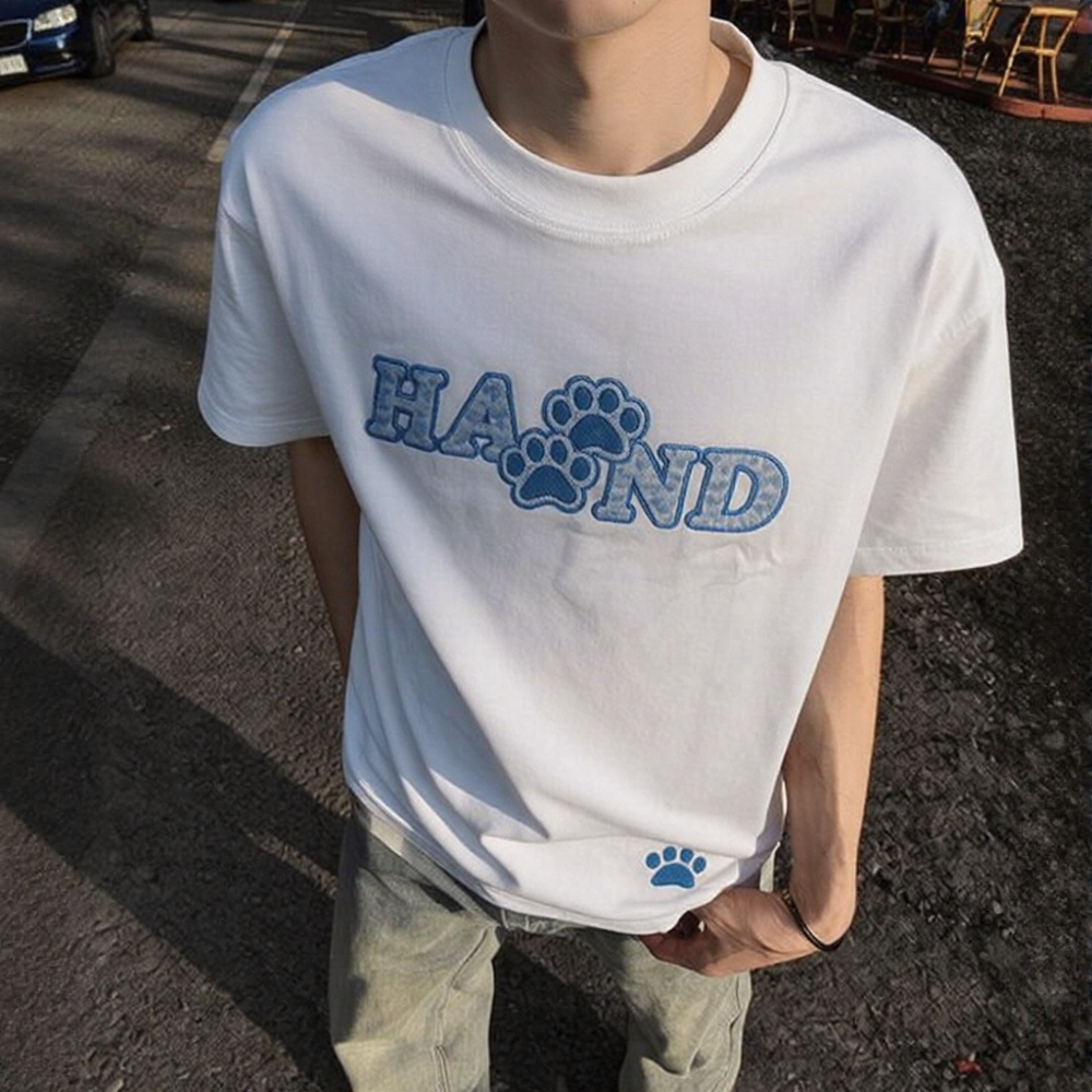 Letter & Paw Print Embroidered Casual T-Shirt