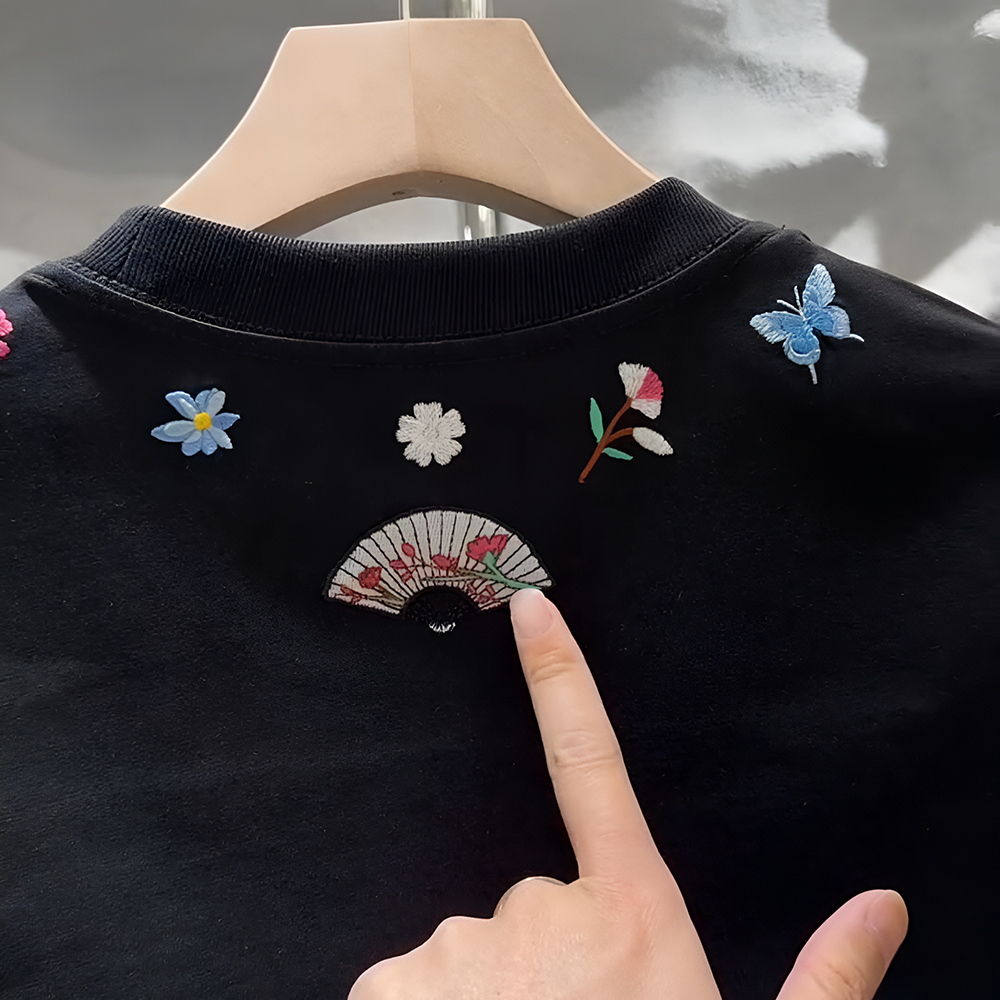 Floral & Butterfly Embroidered Chinese Style T-Shirt