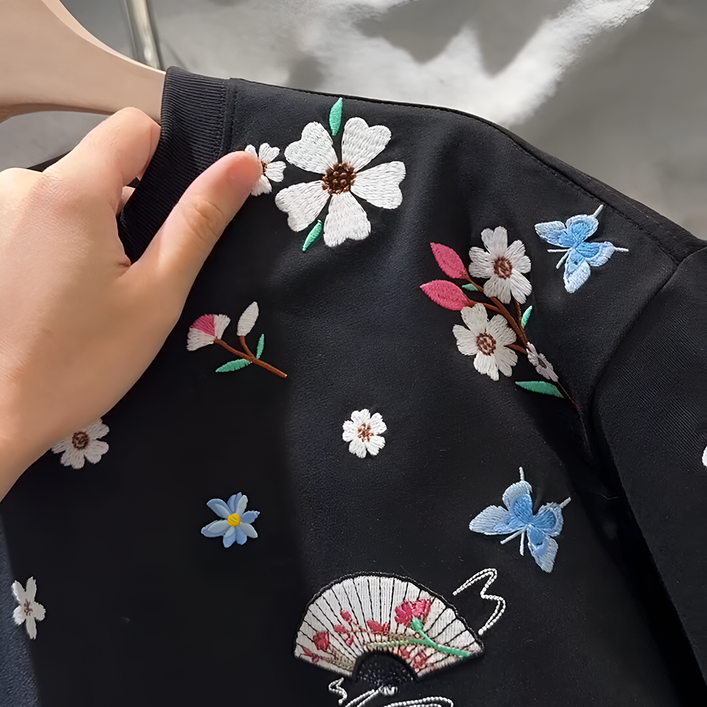 Floral & Butterfly Embroidered Chinese Style T-Shirt