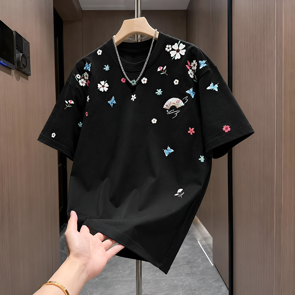 Floral & Butterfly Embroidered Chinese Style T-Shirt