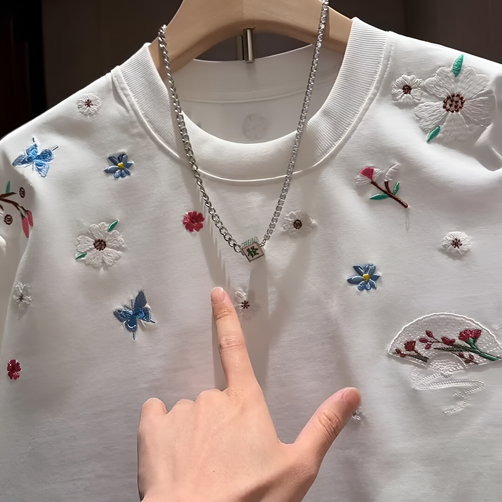 Floral & Butterfly Embroidered Chinese Style T-Shirt