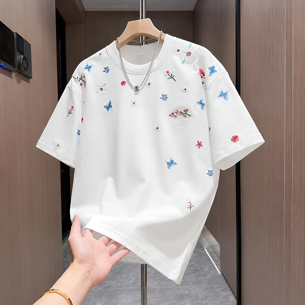Floral & Butterfly Embroidered Chinese Style T-Shirt