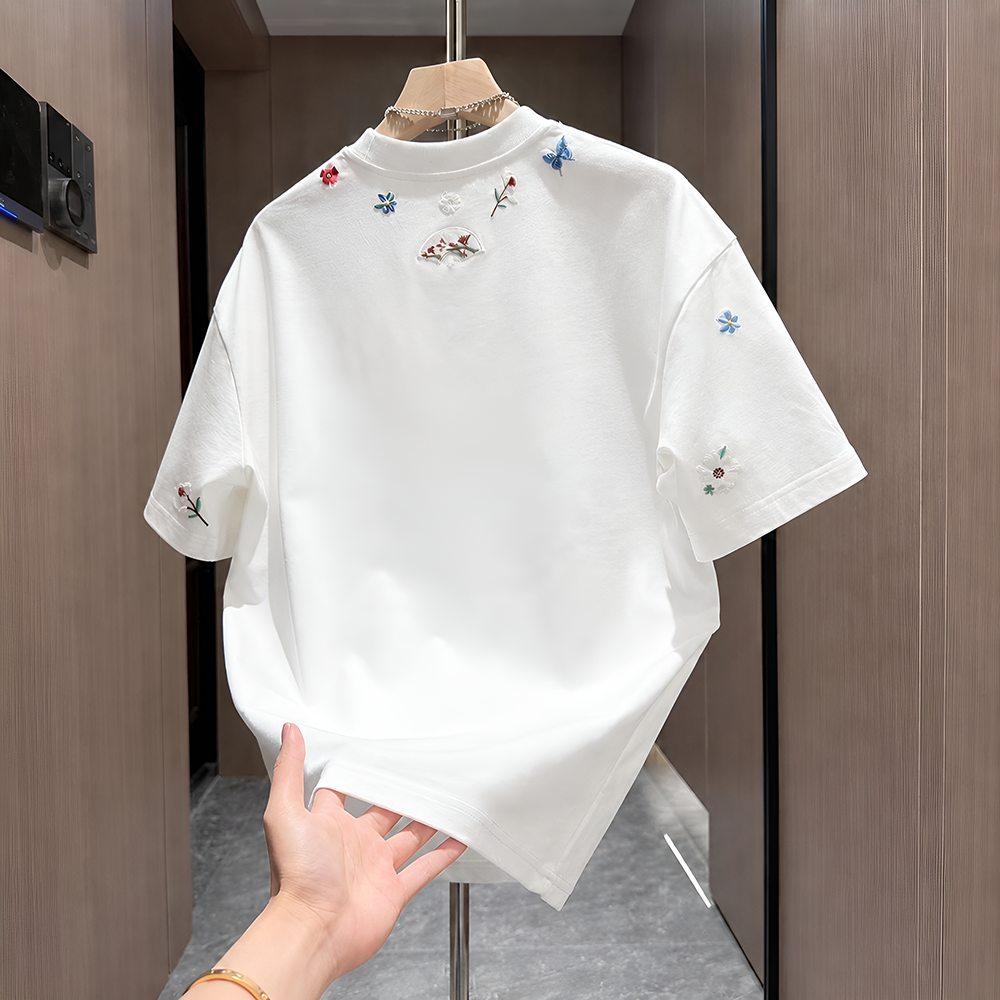 Floral & Butterfly Embroidered Chinese Style T-Shirt