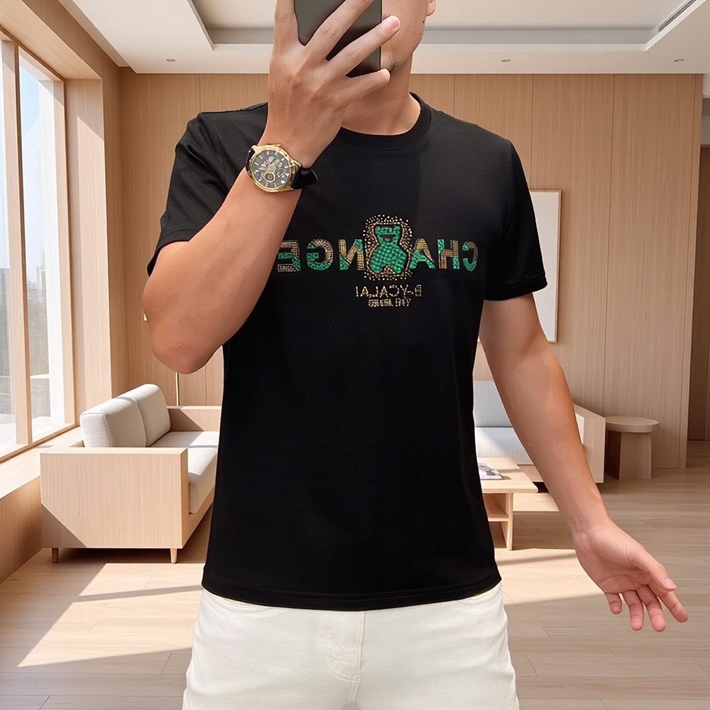 Letter & Bear Rhinestone Luxury Crew Neck T-Shirt