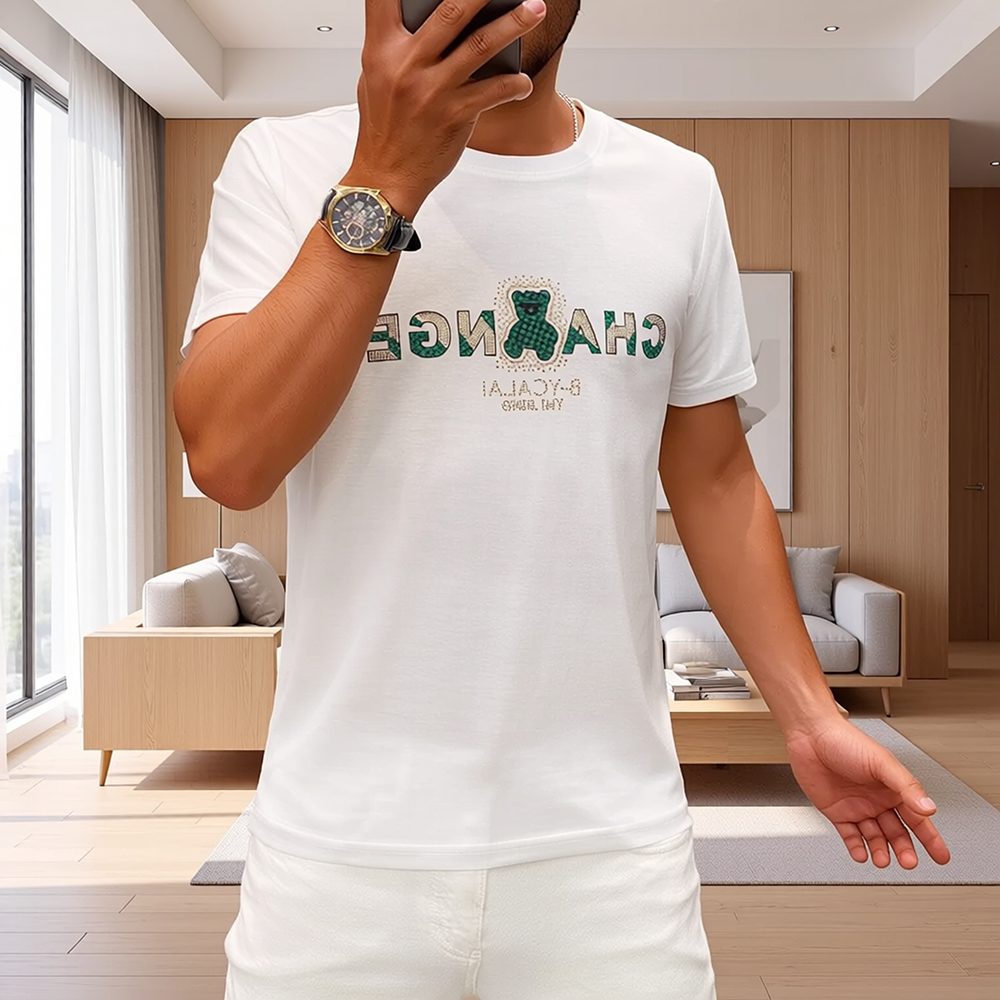 Letter & Bear Rhinestone Luxury Crew Neck T-Shirt