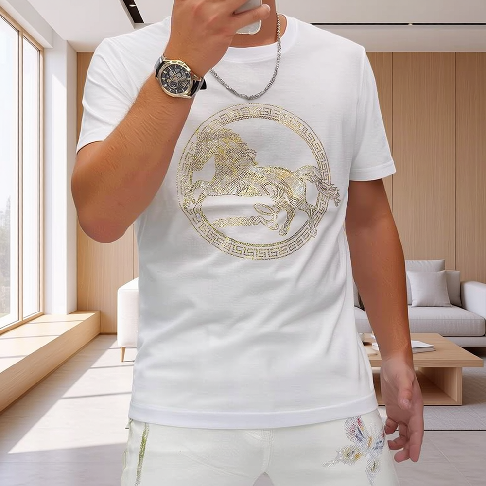 Horse Rhinestone Luxury Crew Neck T-Shirt