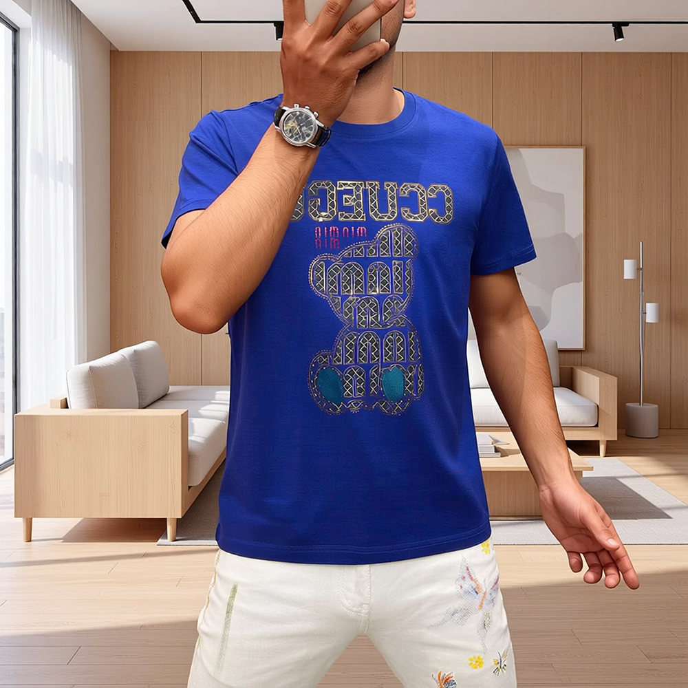 Geometric Bear Rhinestone Casual Crew Neck T-Shirt