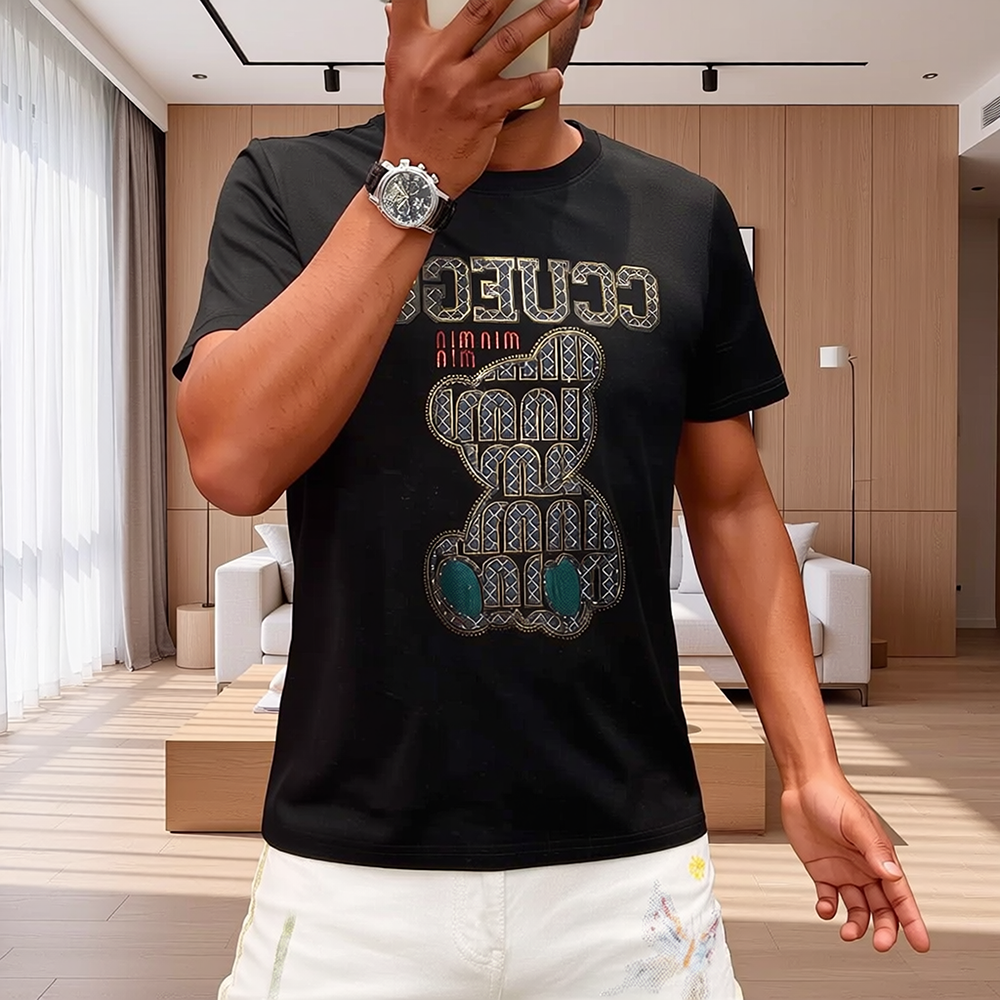 Geometric Bear Rhinestone Casual Crew Neck T-Shirt