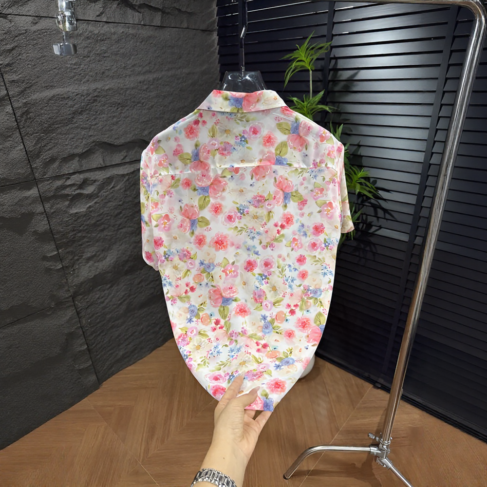 Watercolor Floral Print Cuban Collar Short Sleeve Shirt