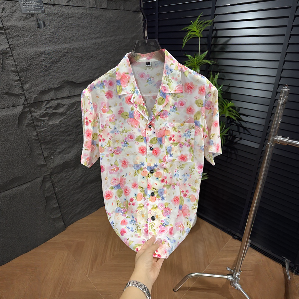 Watercolor Floral Print Cuban Collar Short Sleeve Shirt