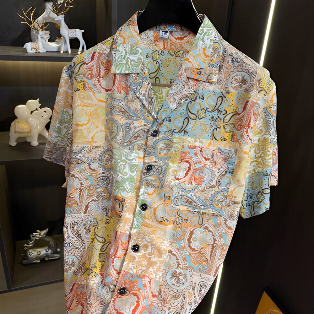 Vintage Paisley Print Cuban Collar Short Sleeve Shirt
