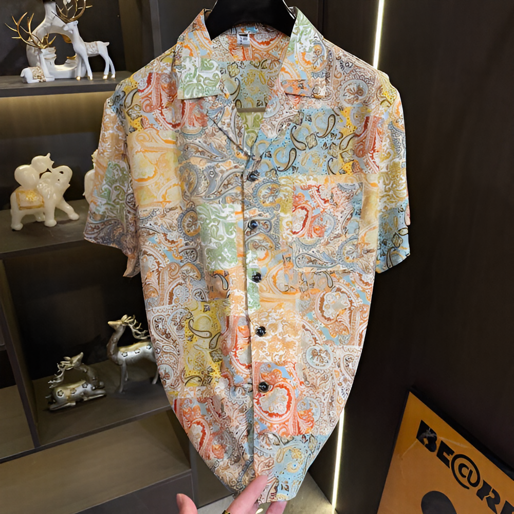 Vintage Paisley Print Cuban Collar Short Sleeve Shirt