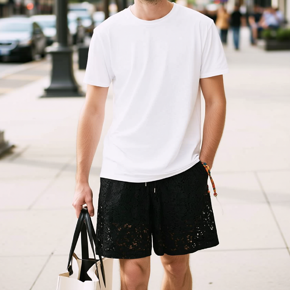 Full Hollow Lace Drawstring Wide-Leg Bermuda Shorts