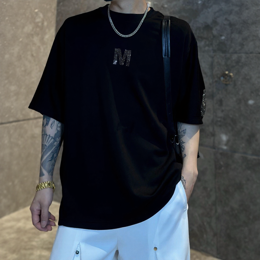 Oversized Back Letter Rhinestone Drop Shoulder T-Shirt