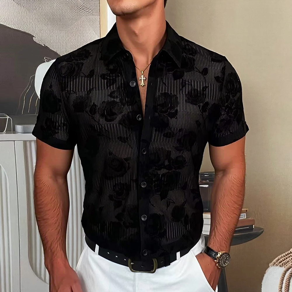 Vertical Stripe Rose Flocked Sheer Short Sleeve Shirt