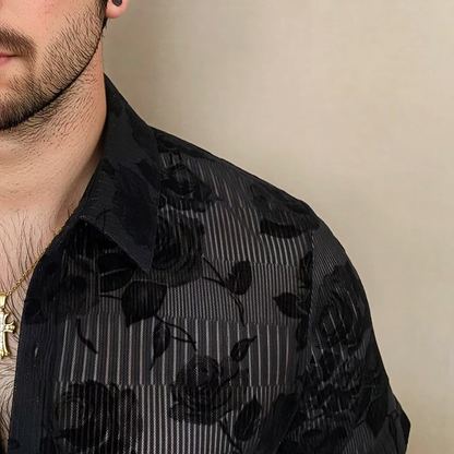 Vertical Stripe Rose Flocked Sheer Short Sleeve Shirt