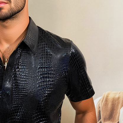 Crocodile Texture Shiny Faux Leather Slim-Fit Short Sleeve Shirt