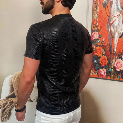 Crocodile Embossed Shiny Faux Leather Slim Fit T-Shirt