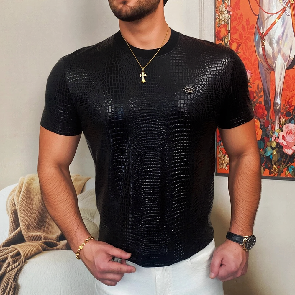 Crocodile Embossed Shiny Faux Leather Slim Fit T-Shirt