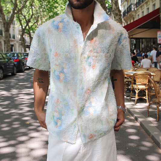 Watercolor Floral Raw Texture Lapel Short Sleeve Shirt