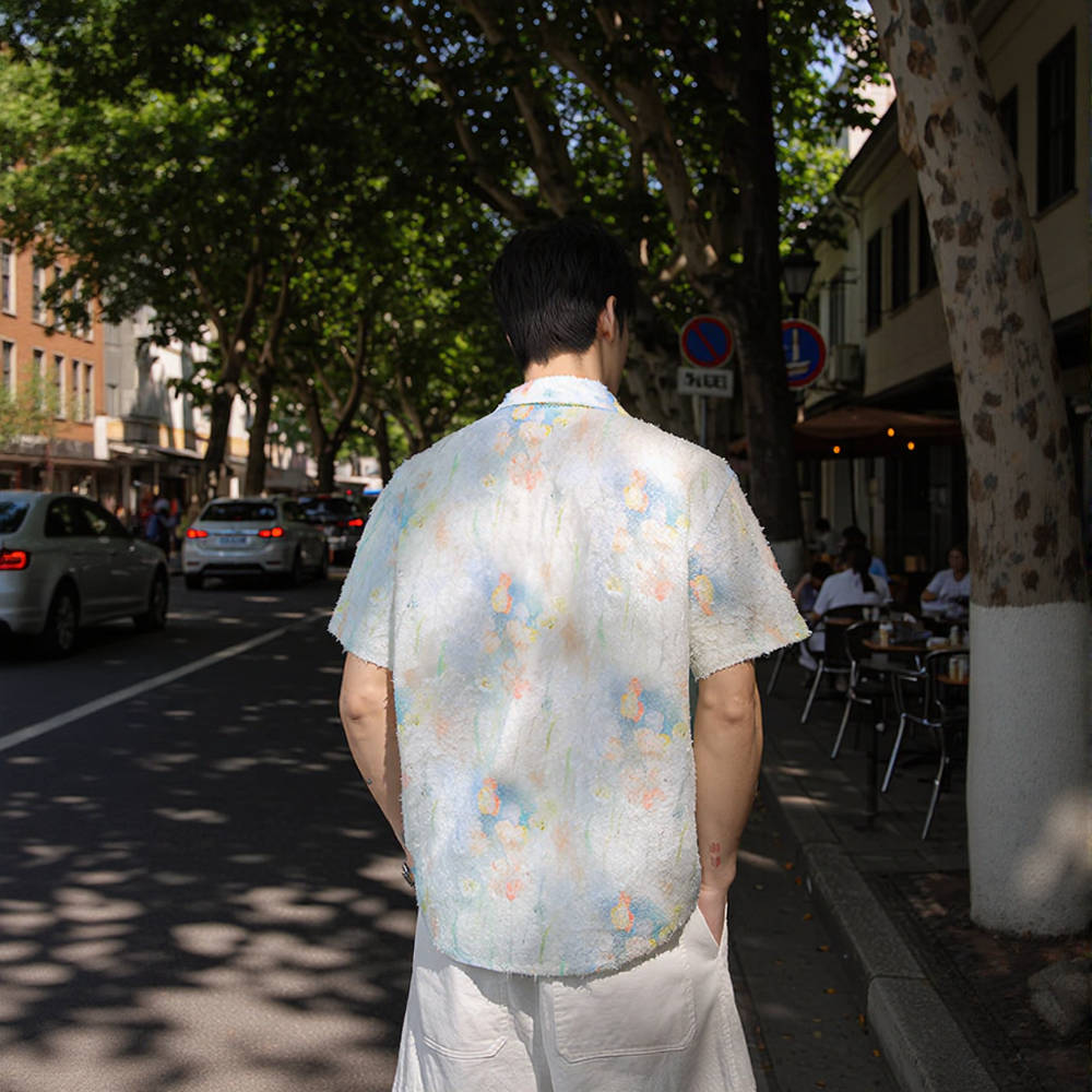 Watercolor Floral Raw Texture Lapel Short Sleeve Shirt