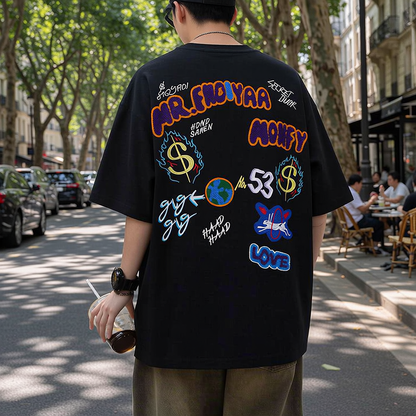 Back Multi-Graffiti Element Embroidery Oversized Drop-Shoulder Tee