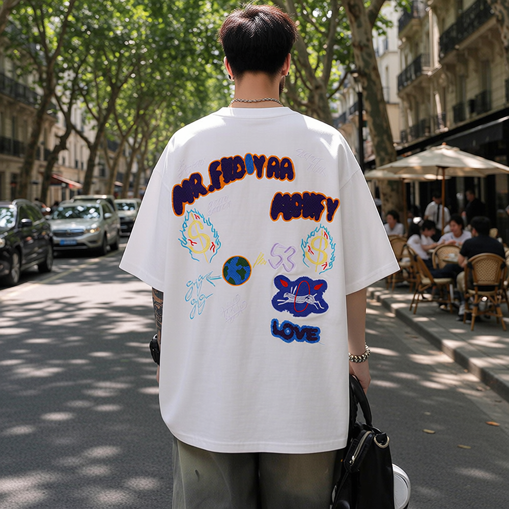 Back Multi-Graffiti Element Embroidery Oversized Drop-Shoulder Tee