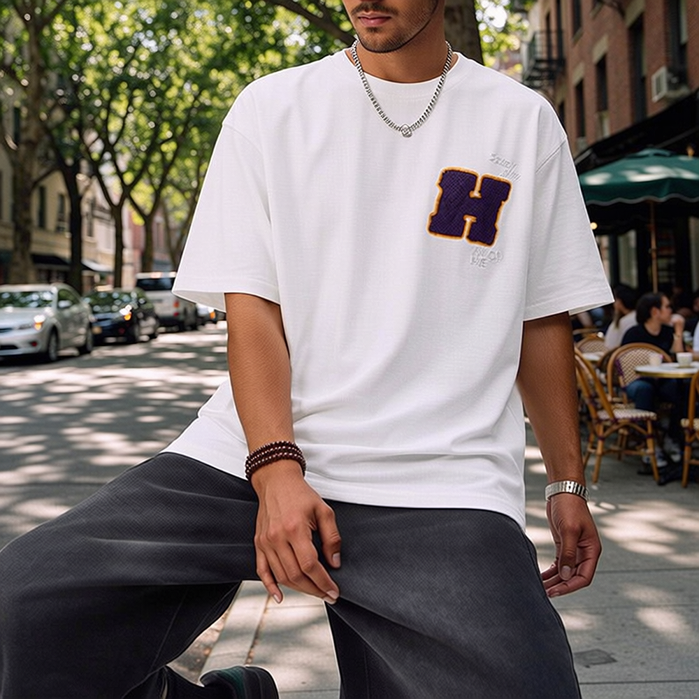 Back Multi-Graffiti Element Embroidery Oversized Drop-Shoulder Tee