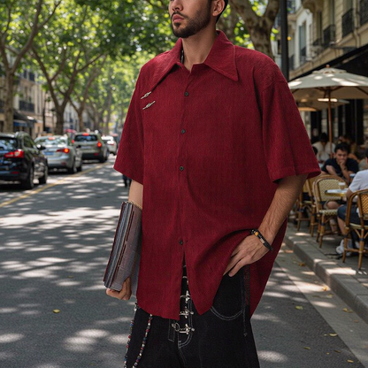 Vertical Texture Metal Pin Decor Loose Wide-Fit Short Sleeve Shirt