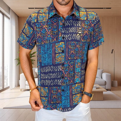 Retro Exotic Grid Vine Pattern Lapel Short Sleeve Shirt