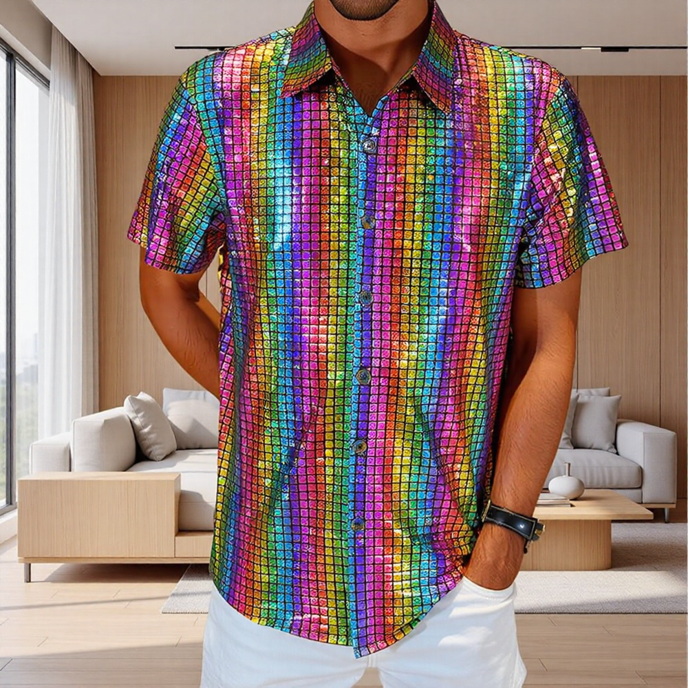Grid Holographic Shiny Stage-Style Lapel Short Sleeve Shirt