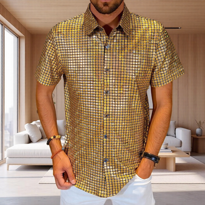 Grid Holographic Shiny Stage-Style Lapel Short Sleeve Shirt