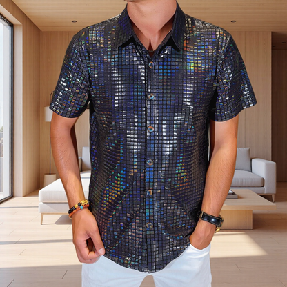 Grid Holographic Shiny Stage-Style Lapel Short Sleeve Shirt