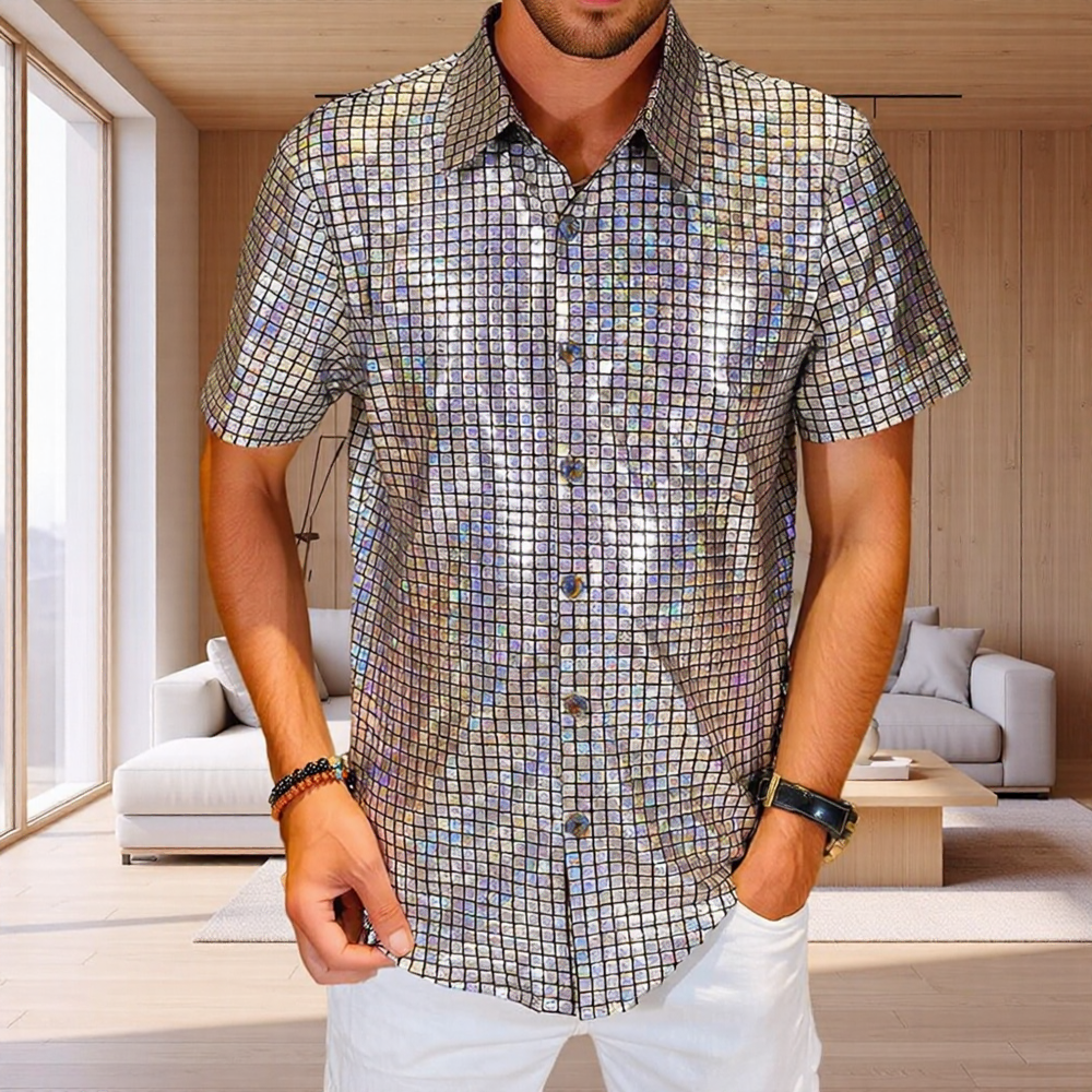 Grid Holographic Shiny Stage-Style Lapel Short Sleeve Shirt