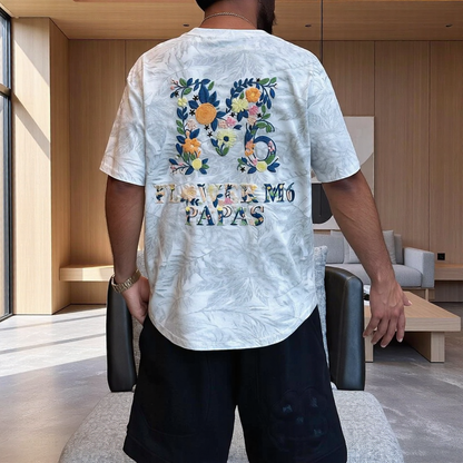 Back Heavy Floral Letter Embroidery Subtle Texture T-Shirt