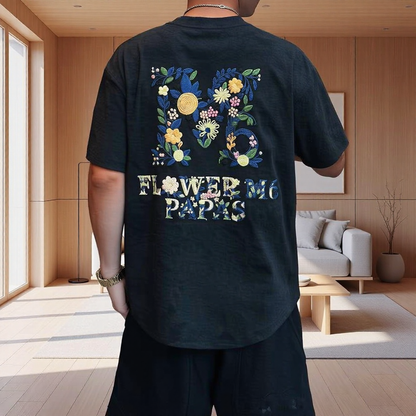 Back Heavy Floral Letter Embroidery Subtle Texture T-Shirt