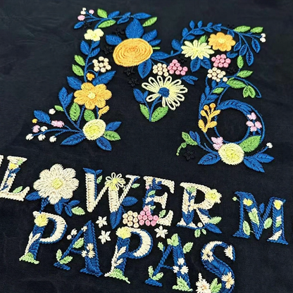 Back Heavy Floral Letter Embroidery Subtle Texture T-Shirt