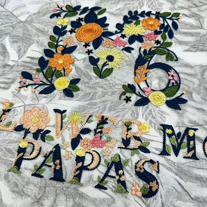 Back Heavy Floral Letter Embroidery Subtle Texture T-Shirt